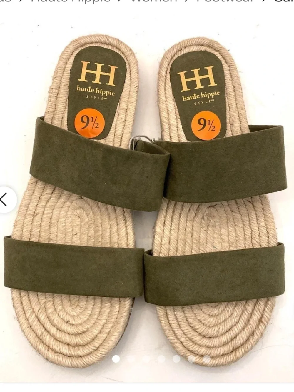 NWOT Haute Hippie Olive Green Double-Strap Espadrille Slide Sandals, Size 6.5